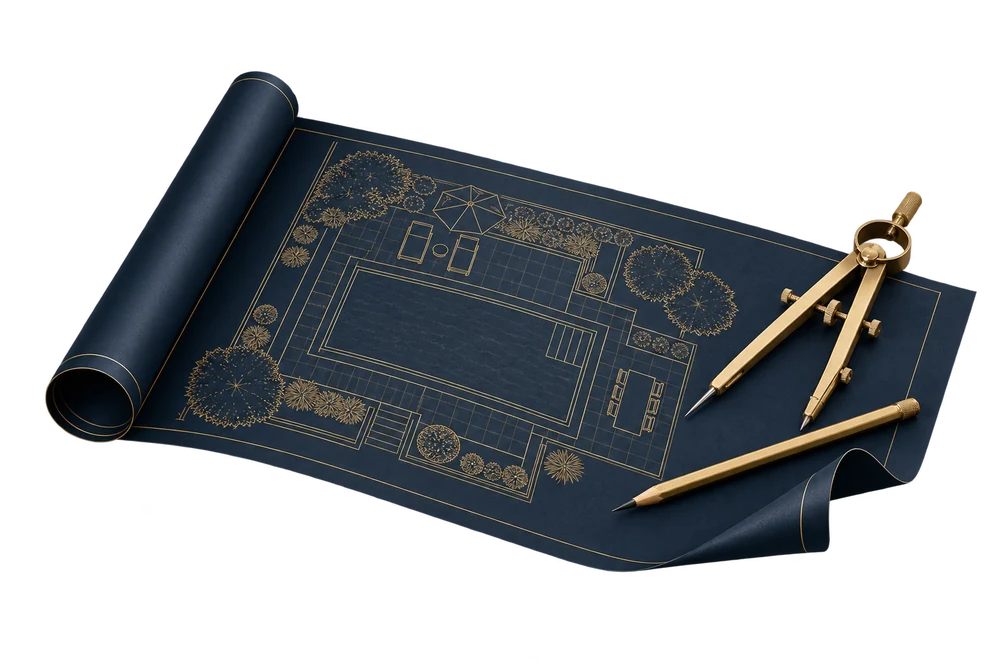 Navy outdoor plan with gold drafting compass and pencil