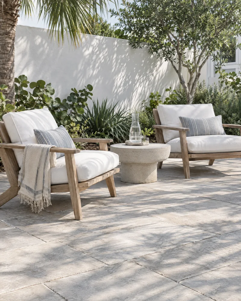 Coastal patio design inspiration with pale stone and teak seating