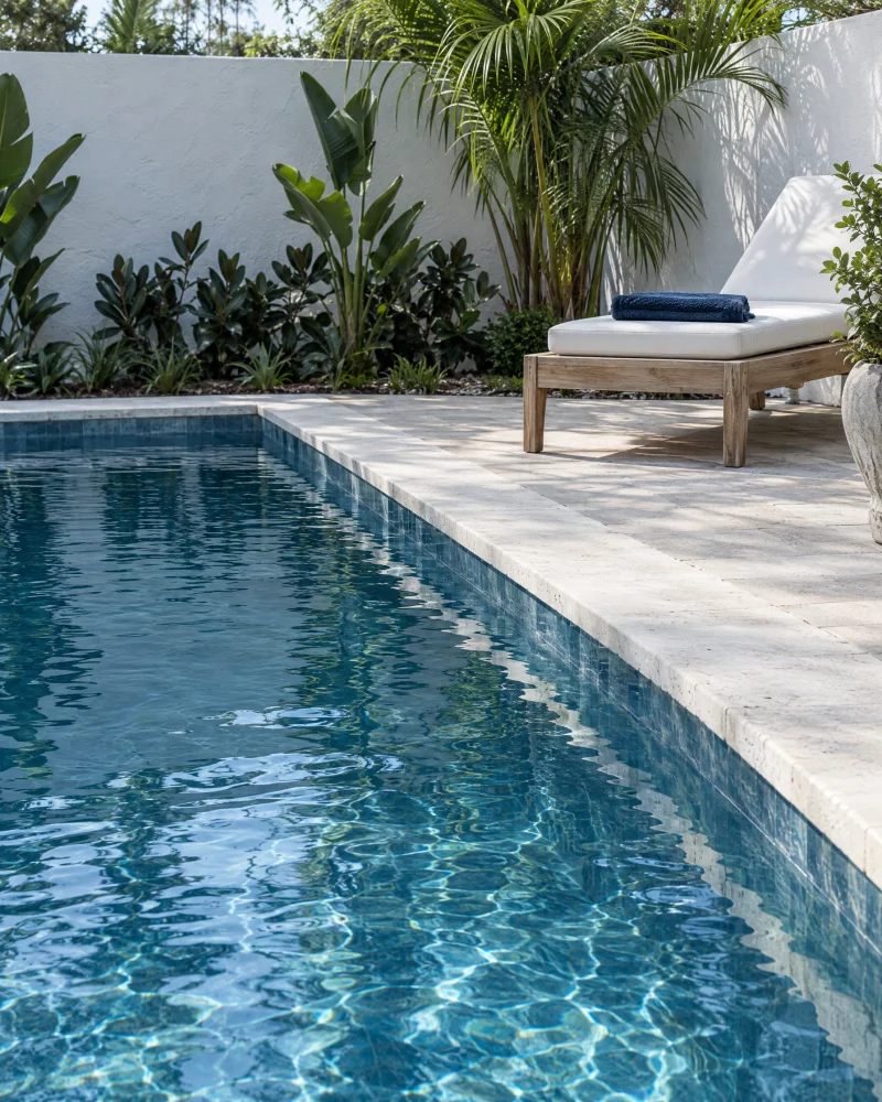 Pool design inspiration with blue water and a pale stone deck