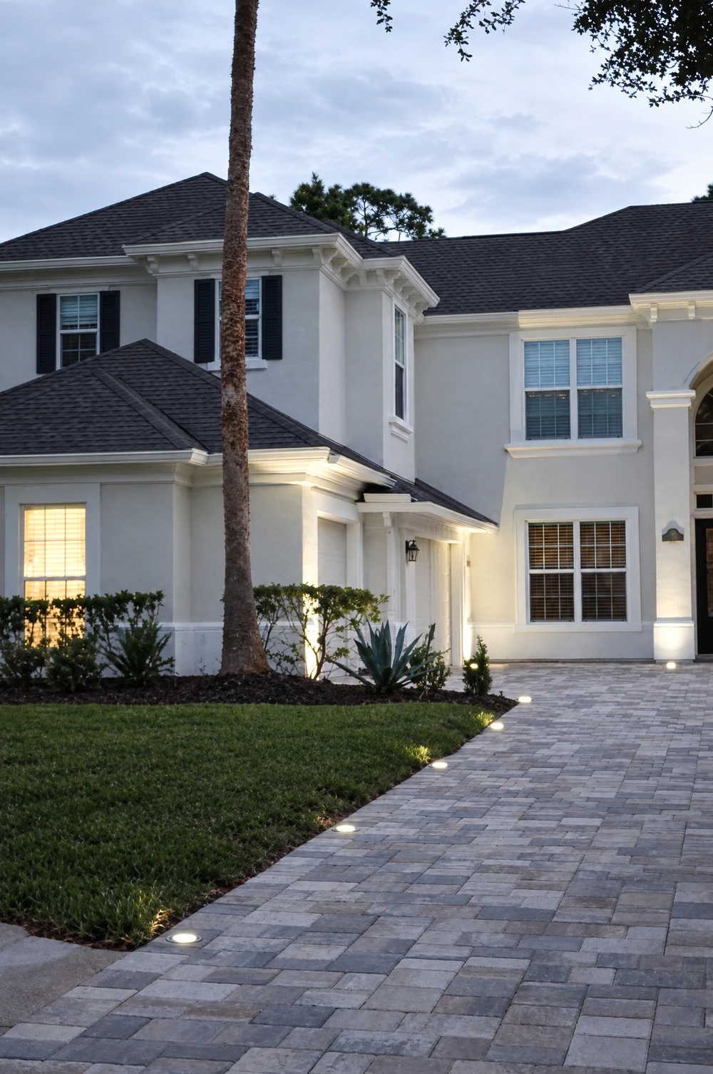 Paver driveway in evening light