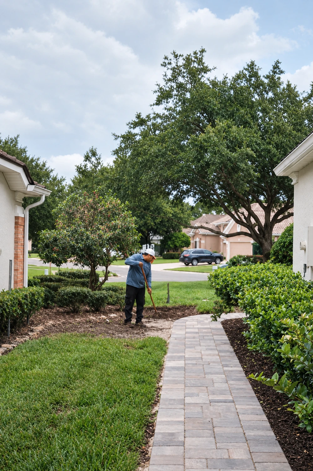 Paver walkway through landscaped garden beds